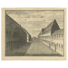 Stampa antica della prima piazza del castello di Batavia di Valentijn, "1726