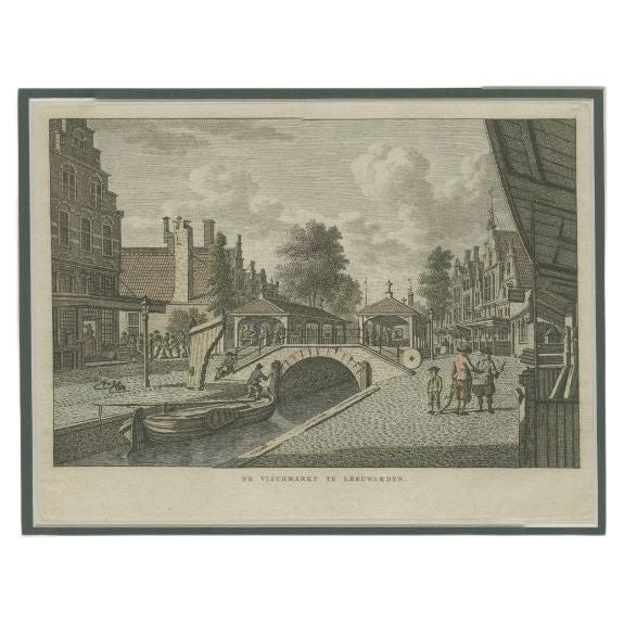 Impression ancienne du marché aux poissons de Leeuwarden, Pays-Bas, vers 1790 en vente