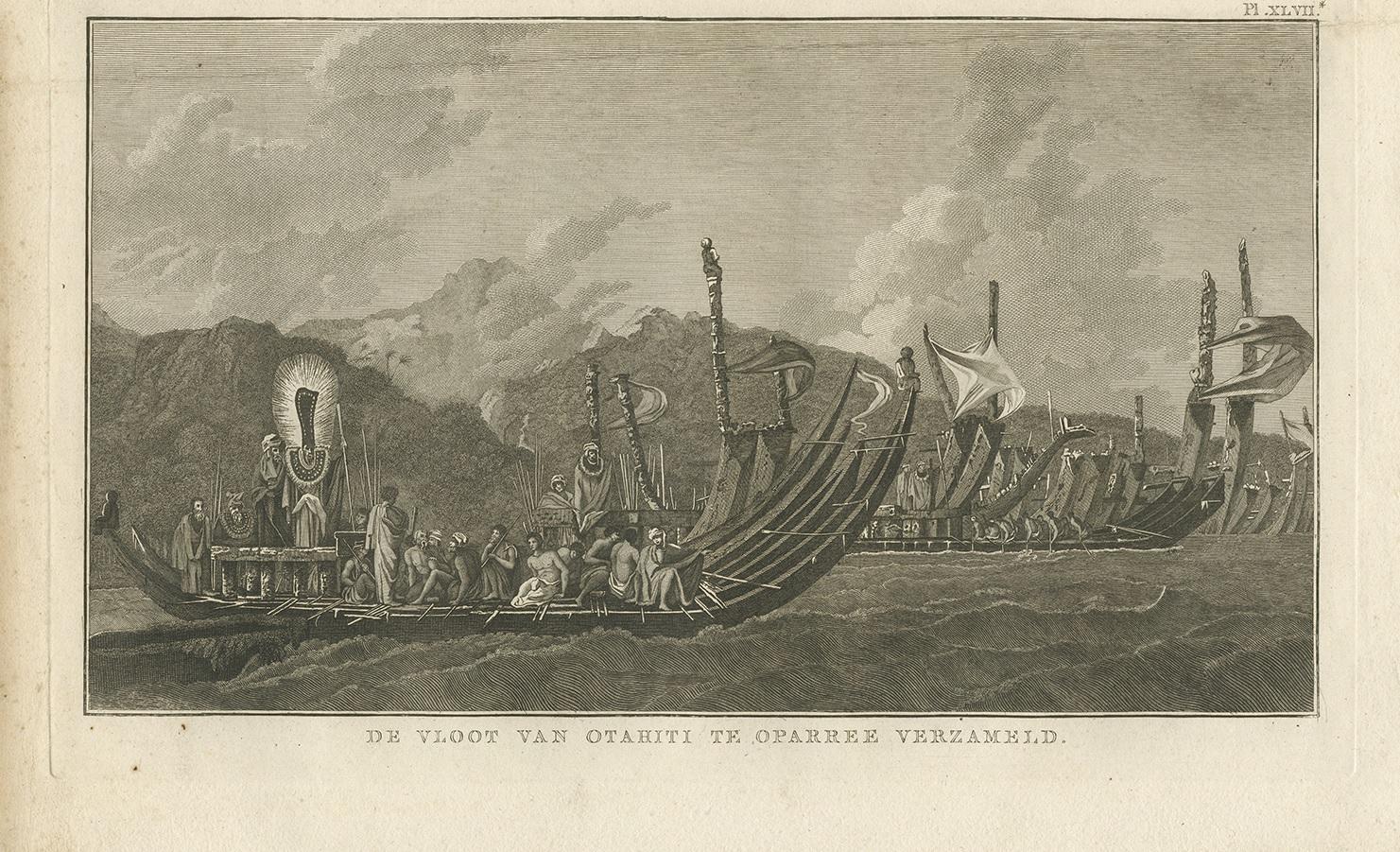 Antique print titled 'De Vloot van Otahiti te Oparree verzameld'. This print depicts the fleet of Proas of Tahiti. Originates from 'Reizen rondom de Waereld' by J. Cook. Translated by J.D. Pasteur. Published by Honkoop, Allart en Van Cleef.