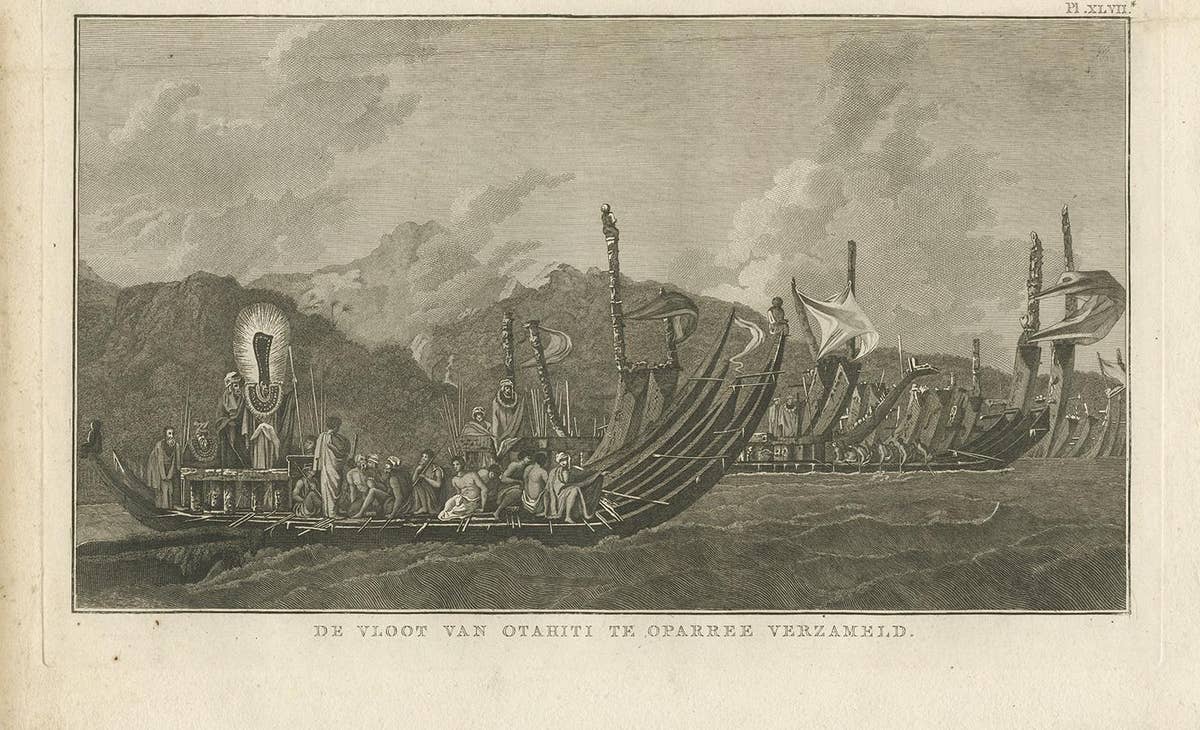 Antique Print of the Fleet of Proas of Tahiti by Cook, 1803