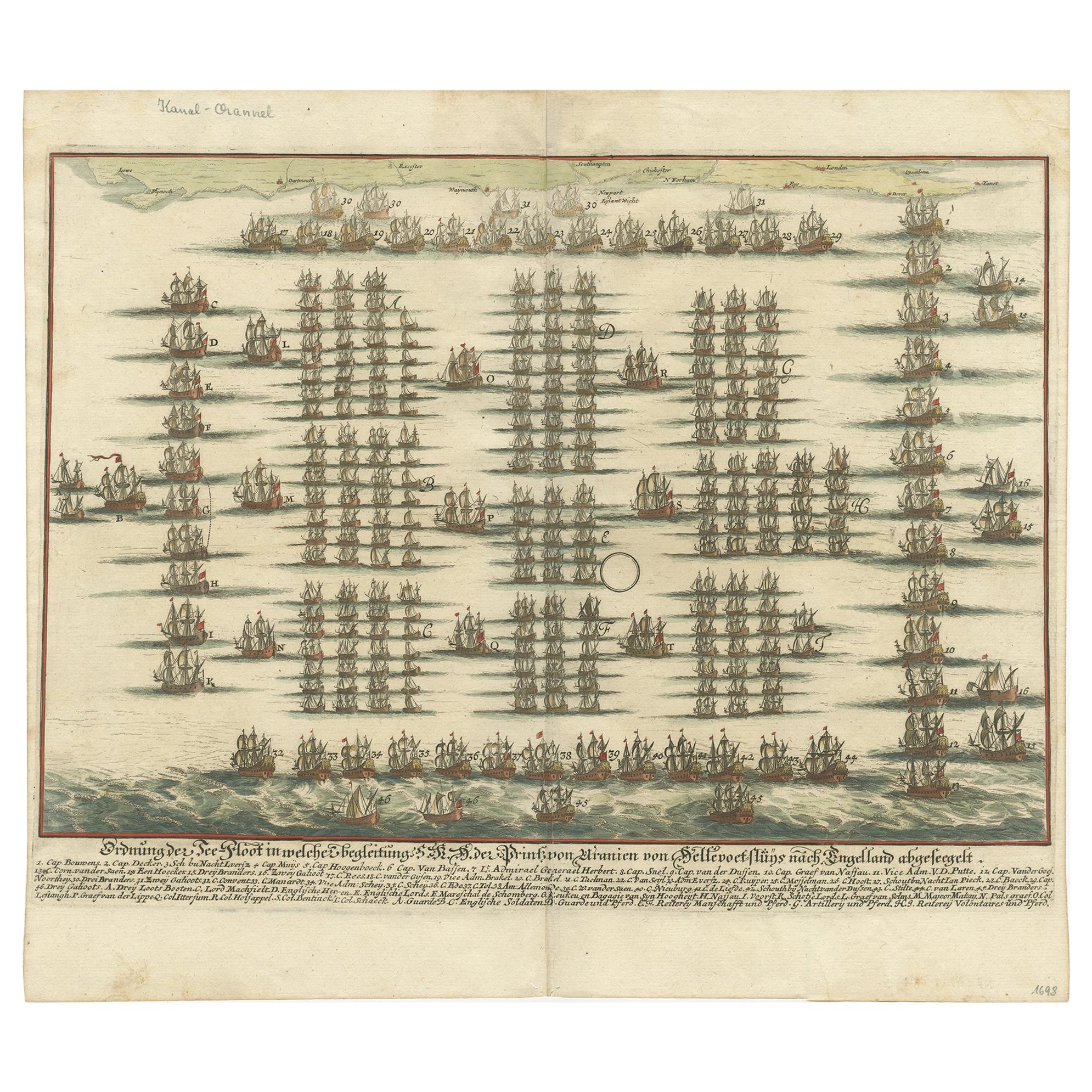 Grabado antiguo de la Flota de Guillermo III de Orange por Merian 'c.1700'