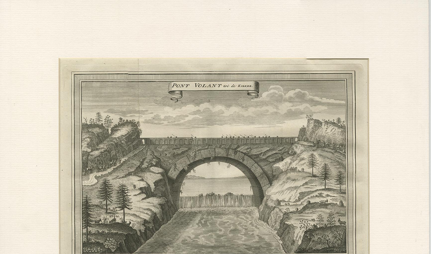 Grabado antiguo del Puente Volante en China, 1747 en Bueno estado para la venta en Langweer, NL
