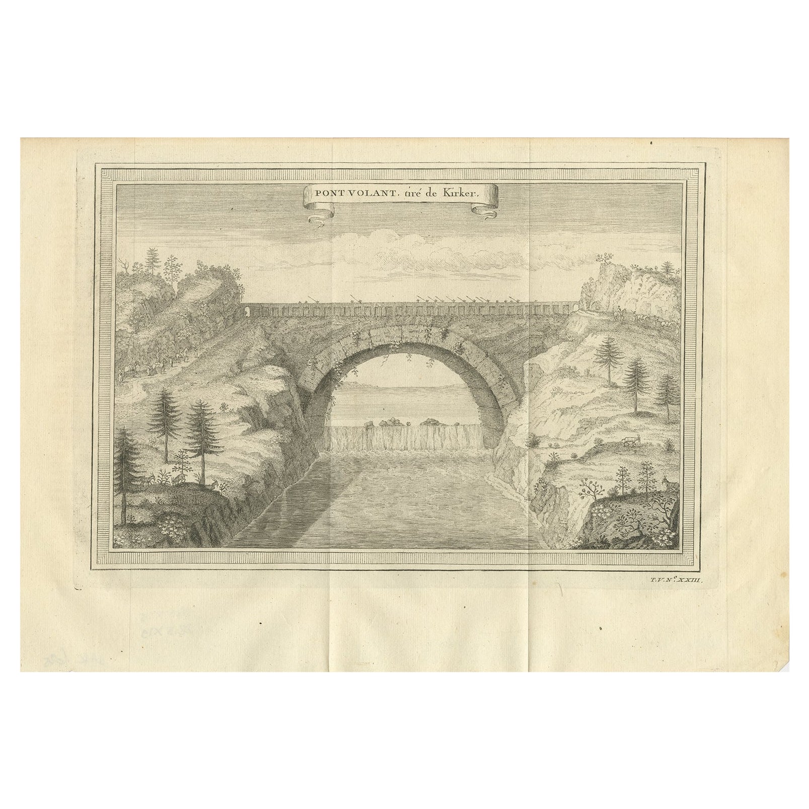 Impression ancienne du pont flottant en Chine, 1746