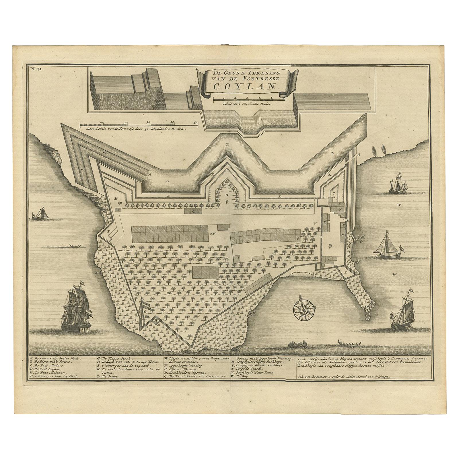 Impression ancienne du Fort de Kollam "Inde" par Valentijn, 1726