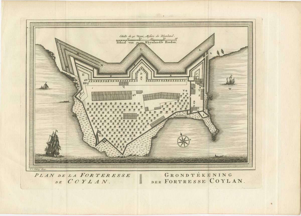 Antique Print of the Fort of Kollam, Kerala, India