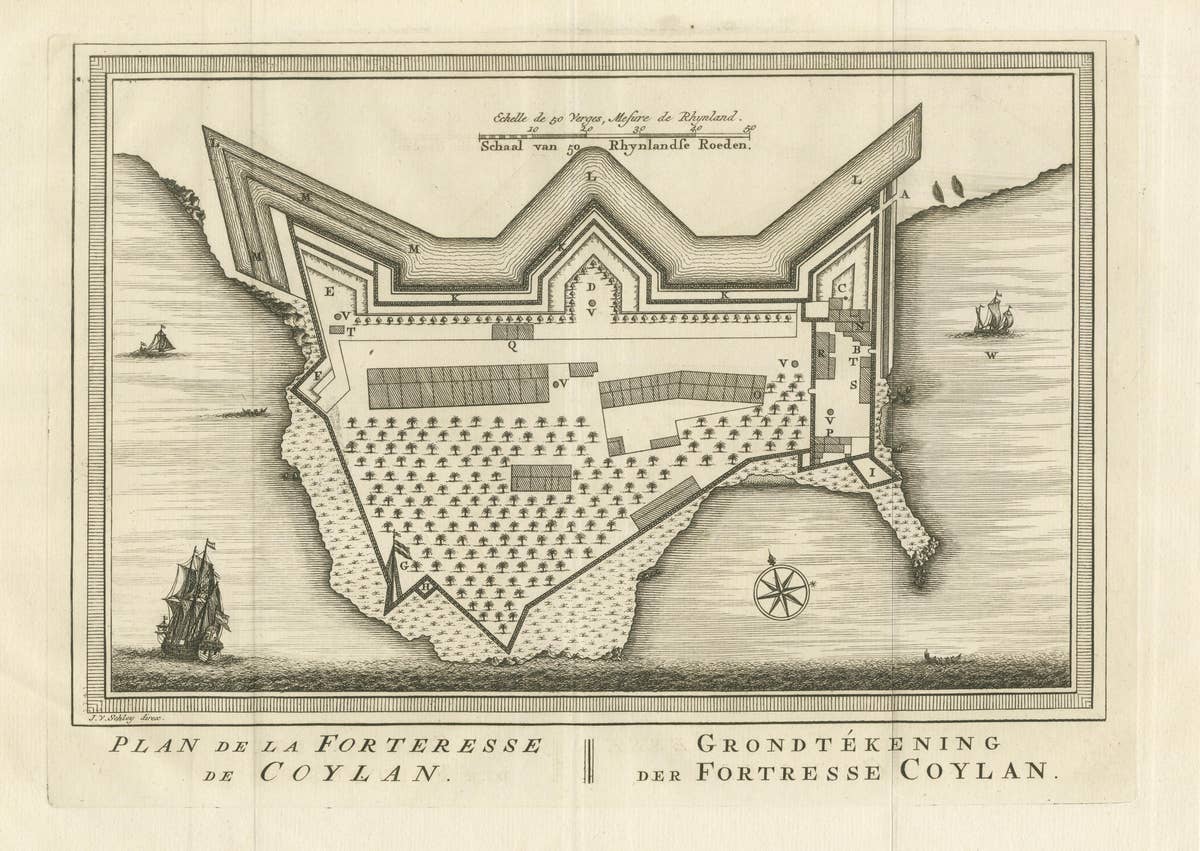 Antique Print of the Fort of Kollam, Kerala, India