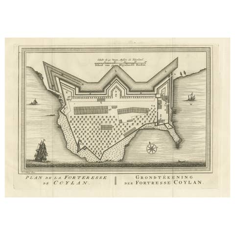 Antique Print of the Fort of Kollam, Kerala, India