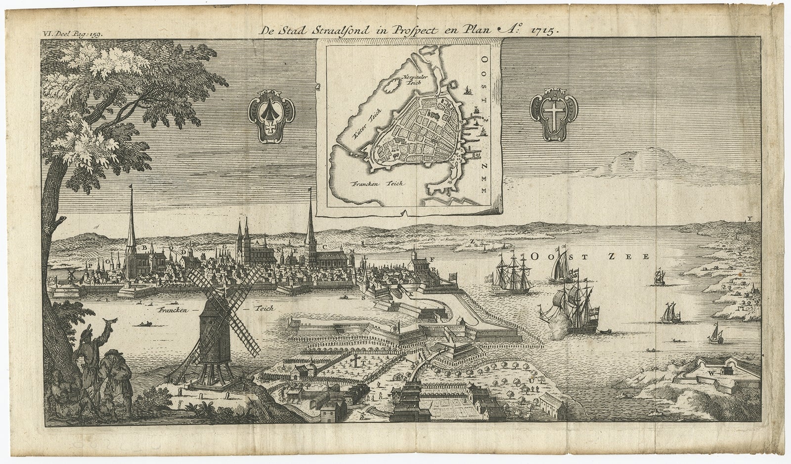 Antique Print of the Fortress and City of Stralsund in Germany, circa 1715 For Sale