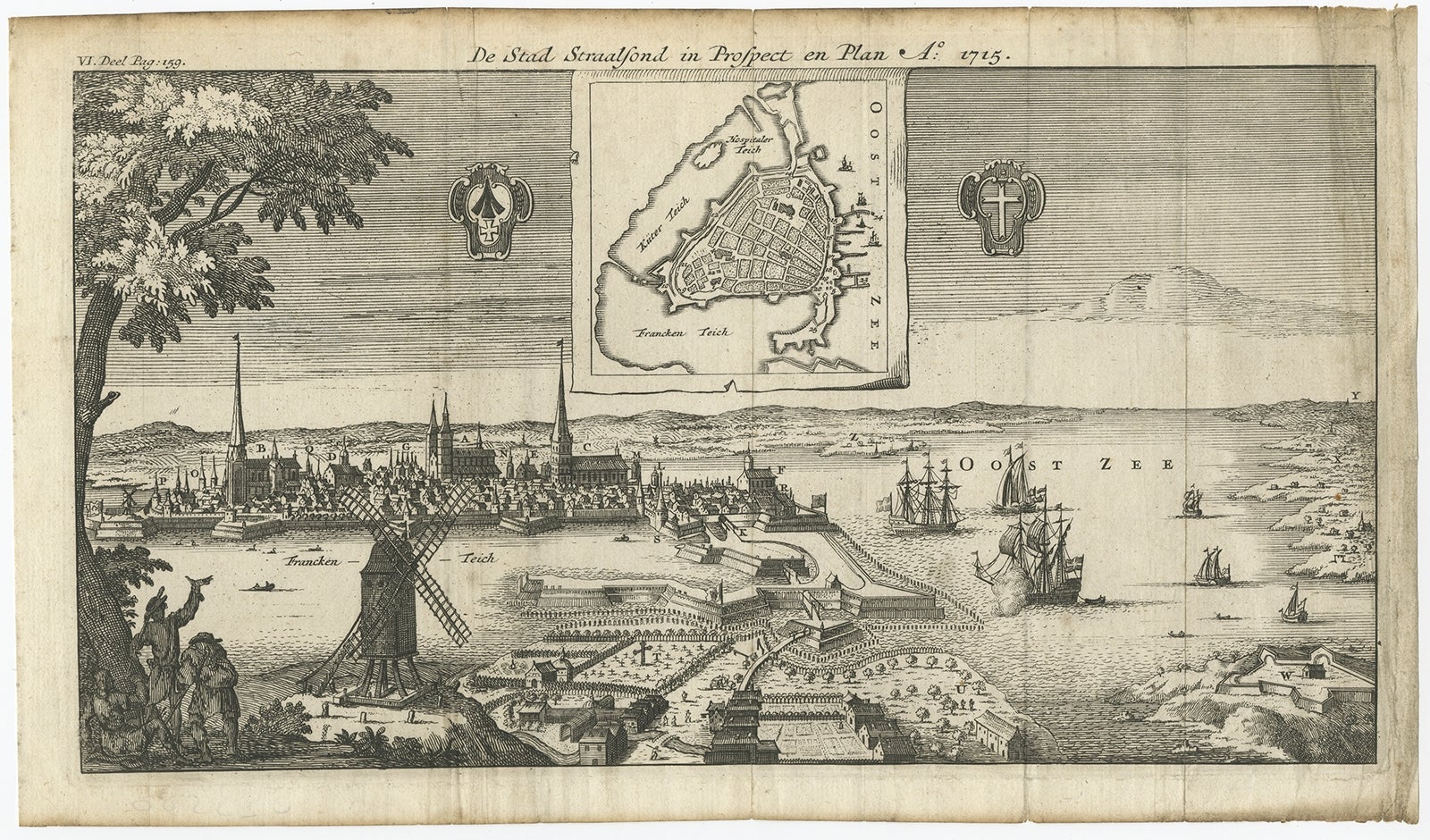 Stampa antica della fortezza e della città di Stralsund in Germania, 1715 ca. in vendita