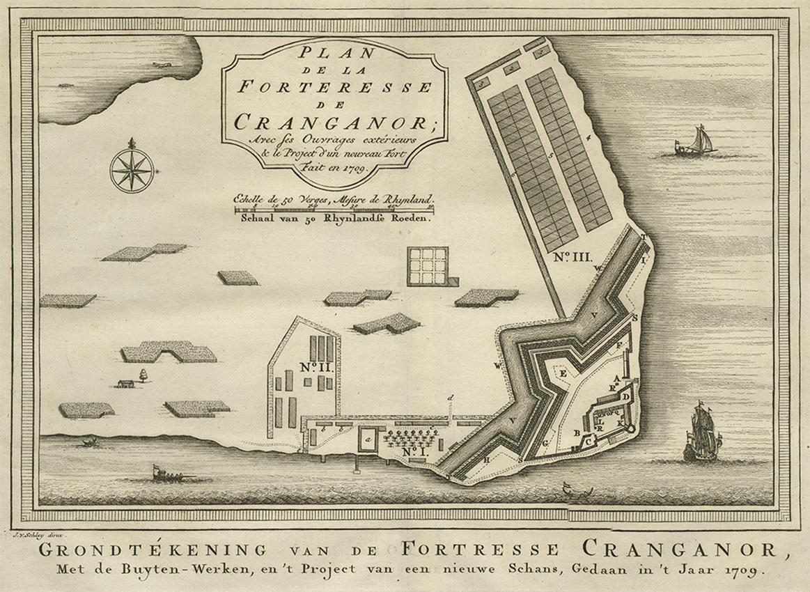 Antique print of the Fortress Cranganor, nowadays known by the name Kodungallor. French and Dutch title including scale and compass rose. This print originates from 'L'Histoire générale des Voyages' by Antoine François Prévost.

Fort Cranganore