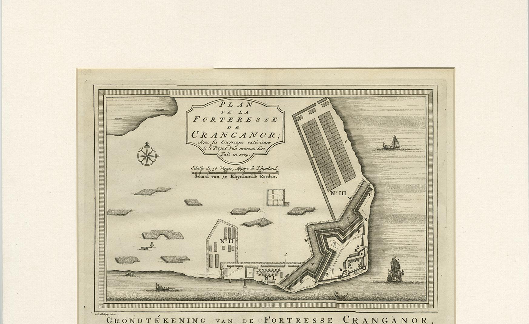 Engraved Antique Print of the Fortress Cranganor near Kodungallur in India, 1757 For Sale