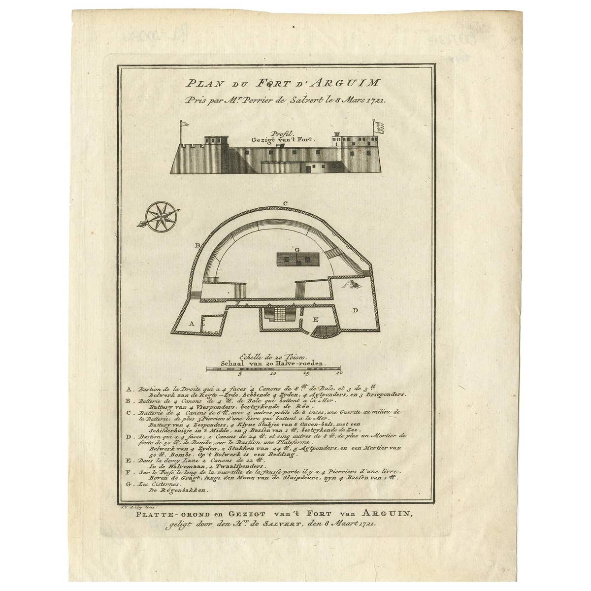 Antique Print of the Fortress of Arguin 'Mauritania, Africa, circa 1747