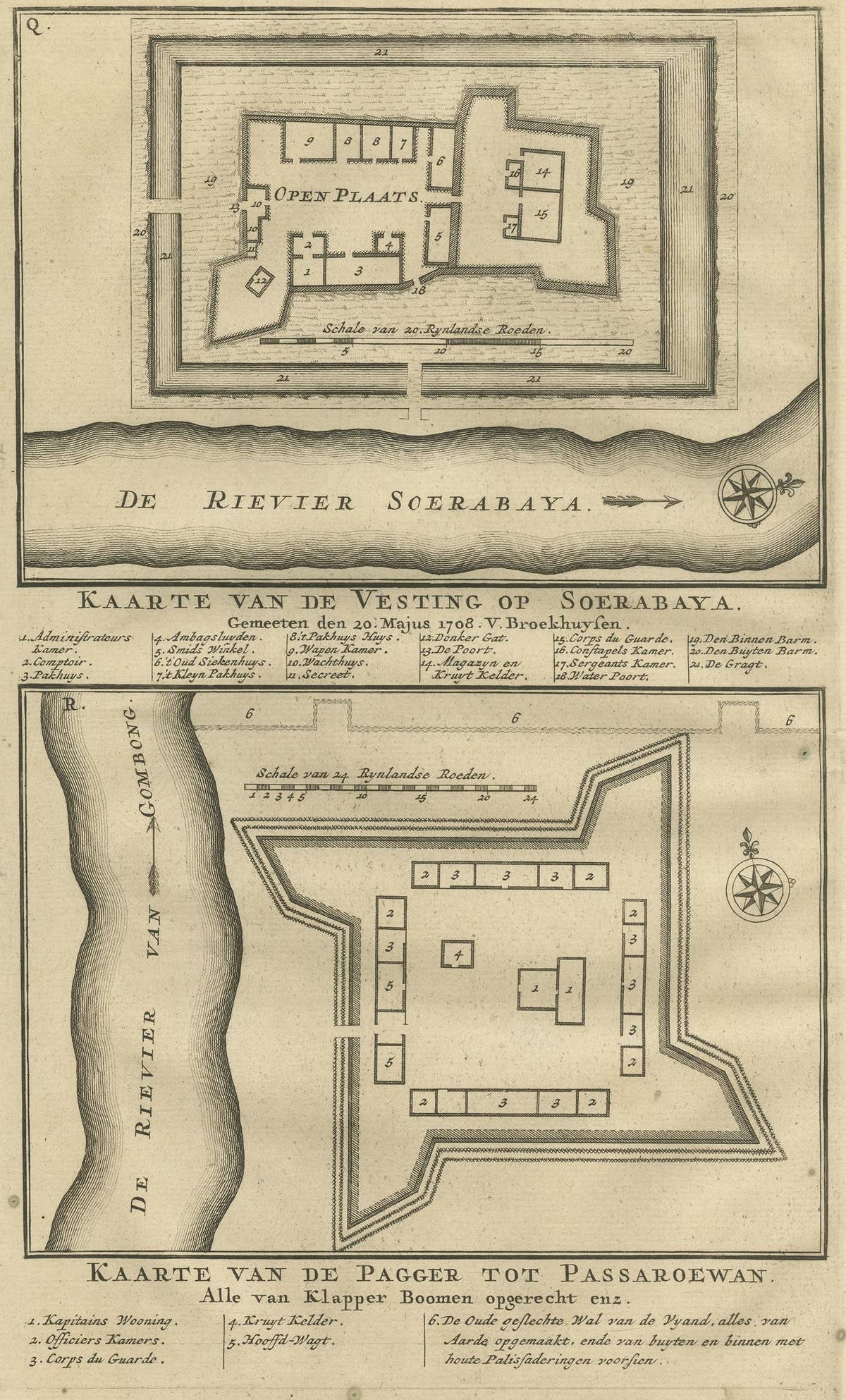 Antique Print of the Fortress on Surabaya and Pasuruan by Valentijn, 1726