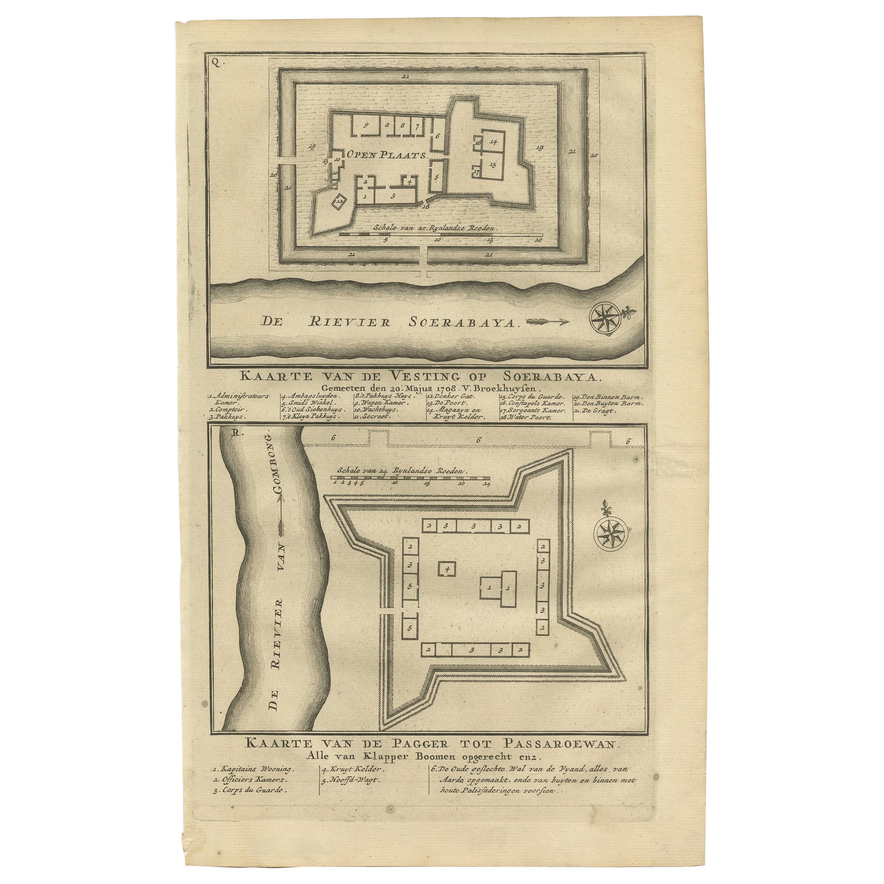 Antique Print of the Fortress on Surabaya and Pasuruan by Valentijn, 1726