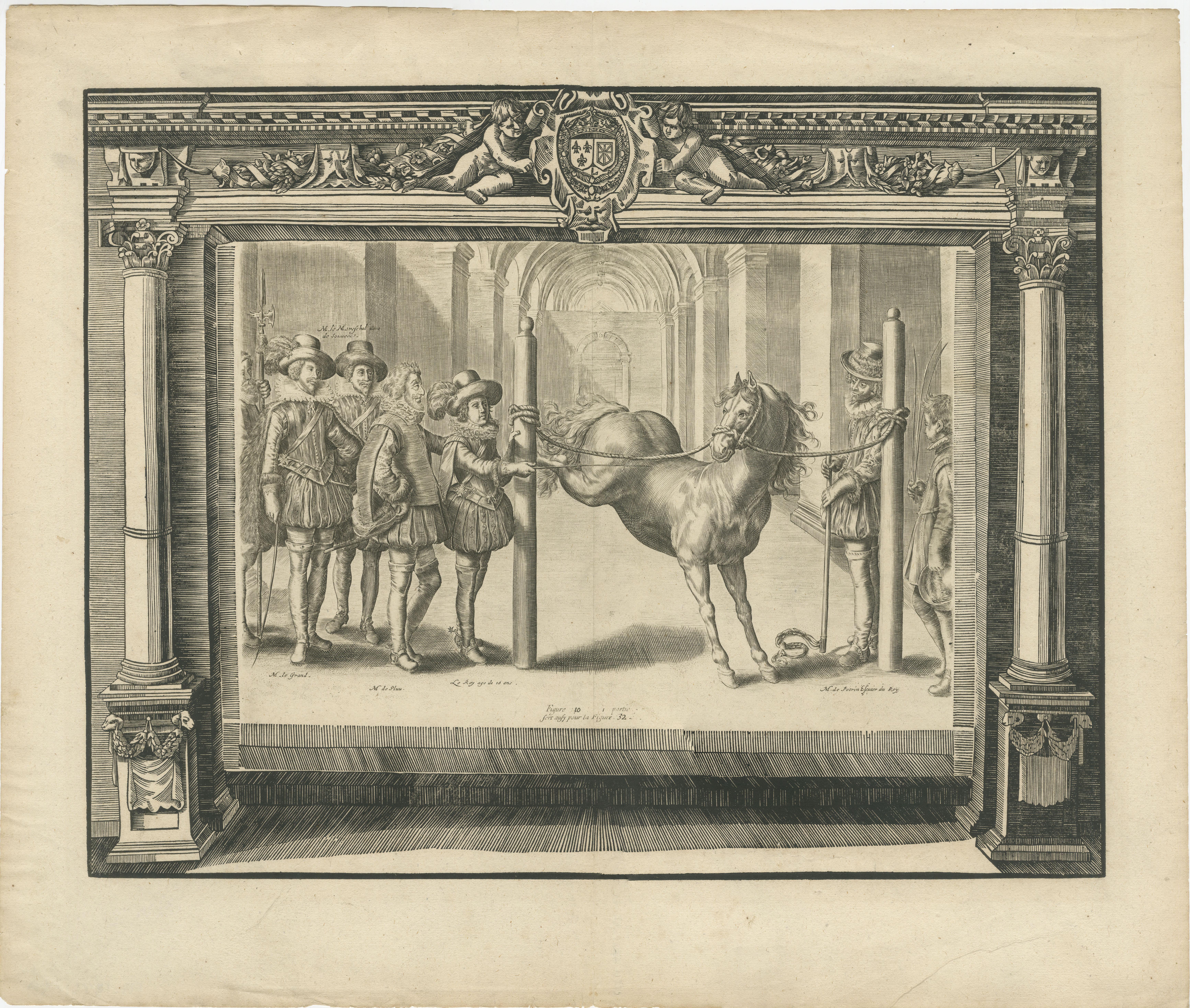 Figure 10 of first part: The French king Louis XIII (aged sixteen) standing at left, with Messieurs de Pluvinel and le Grand, a horse tethered between two posts at centre, Monsieur le Potrincourt holding a whip at right; surrounded by frame on