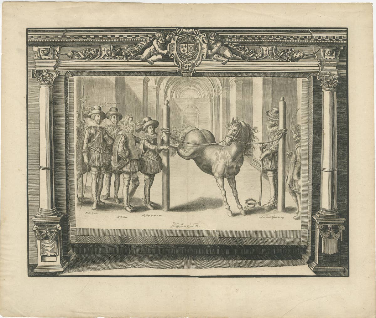 Antique Print of the French King Louis XIII with Other Figures and a Horse