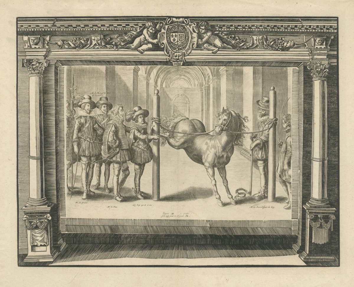 Antique Print of the French King Louis XIII with Other Figures and a Horse