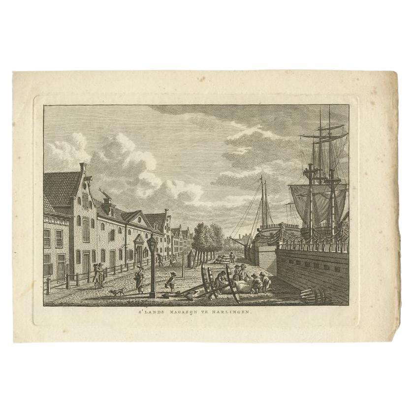 Antique print titled 's'Lands Magazijn te Harlingen'. Old print showing the quay of Harlingen, Friesland. This print originates from 'Vaderlandsche gezigten, naar het leven geteekend door Bulthuis, en in het koper gebracht door K.F.