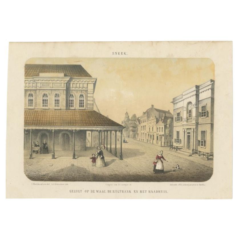 Antique print titled 'Sneek - Gezigt op de Waag, de Regtbank en het Raadhuis'. Lithograph of the city of Sneek, Friesland, the Netherlands.

Artists and Engravers: Published by J.C. Loman Jr. 

Condition: Good, general age-related toning. Minor
