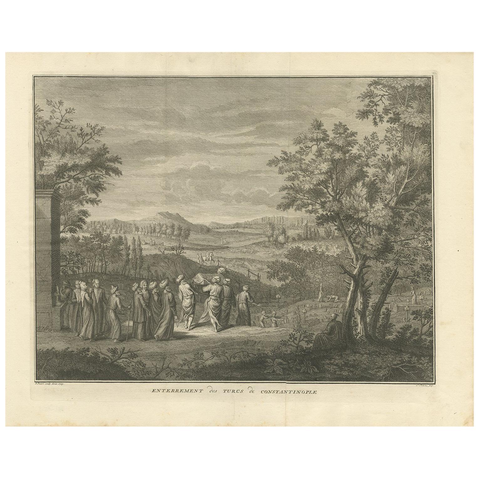 Grabado antiguo del Funeral en Constantinopla por B. Picart, 1729