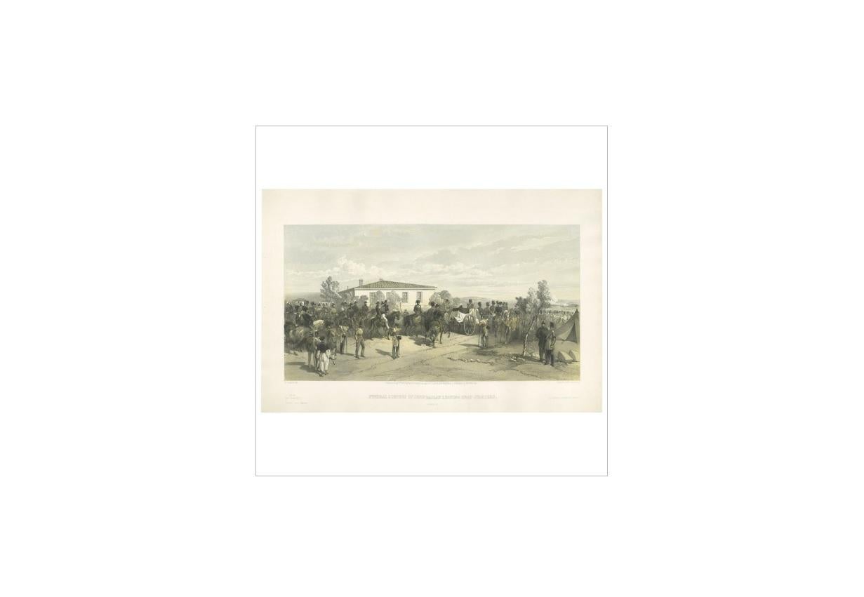 Antique print titled 'Funeral Cortege of Lord Raglan leaving Head Quarters'. This print originates from 'The Seat of the War in the East' by W. Simpson. Published July 18th 1855 by Paul & Dominic Colnaghi & Co.