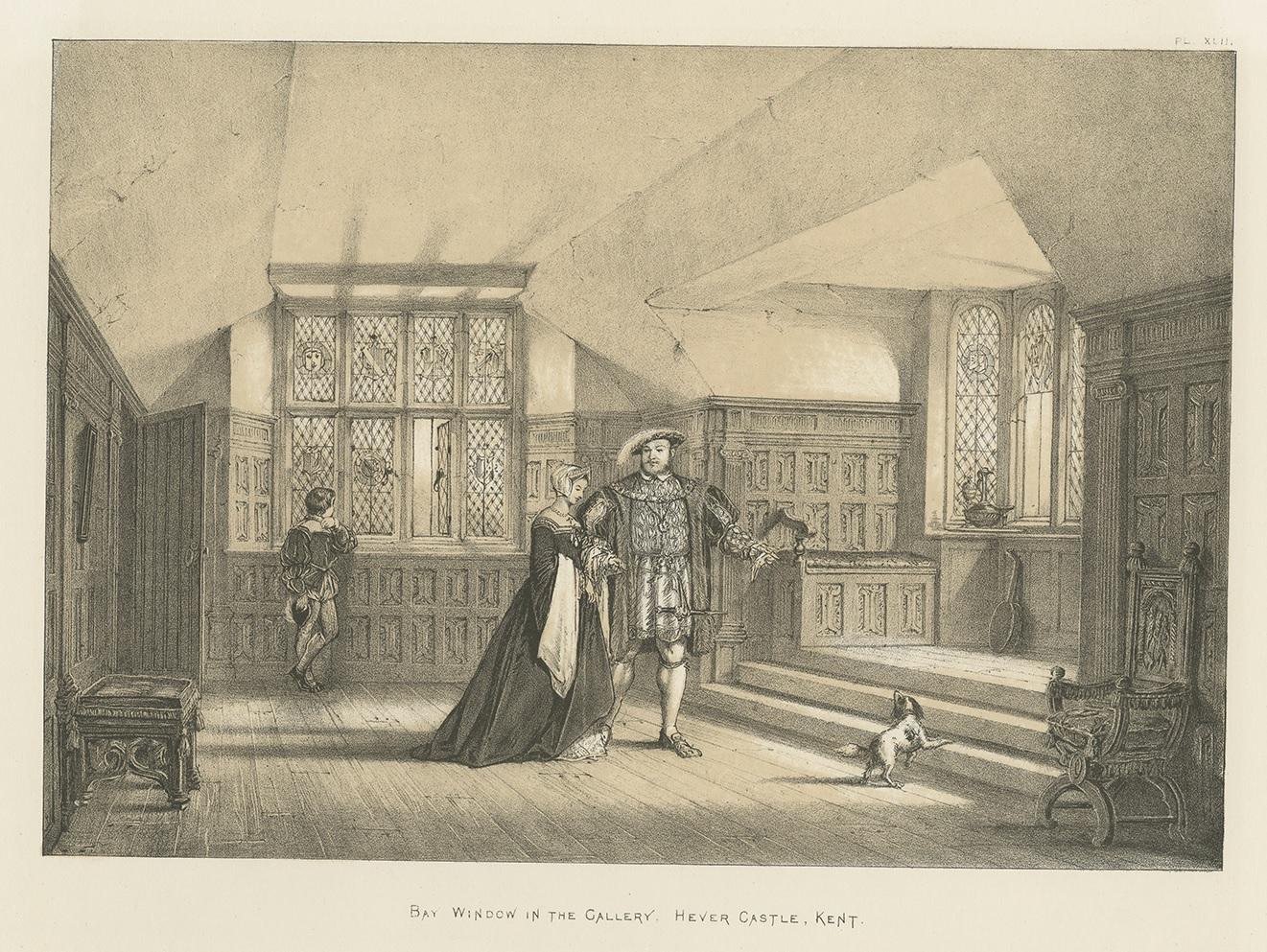 Antique print titled 'Bay Window in the Gallery. Hever Castle. Kent'. Lithograph of the gallery of Hever Castle, Kent, England. This print originates from 'The Mansions of England in the Olden Time' by Joseph Nash.