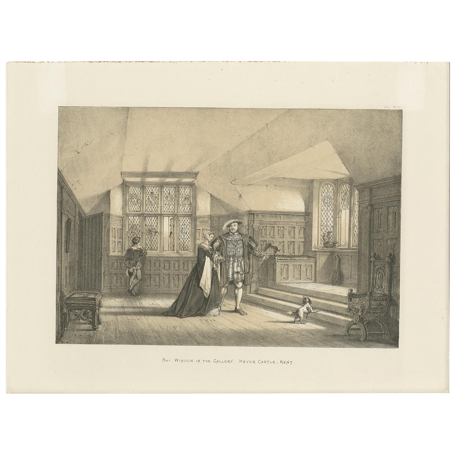 Antique Print of the Gallery of Hever Castle by Nash, circa 1870