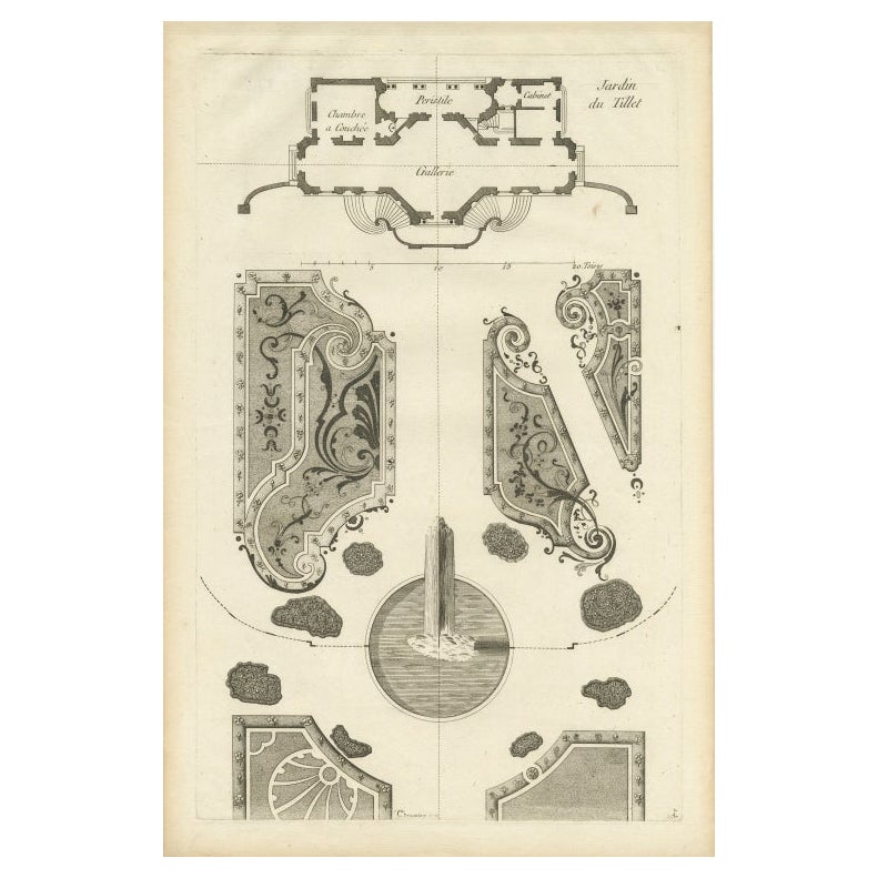 Gravure ancienne du jardin de l'hôtel historique Du Tillet à Paris, France, 1776