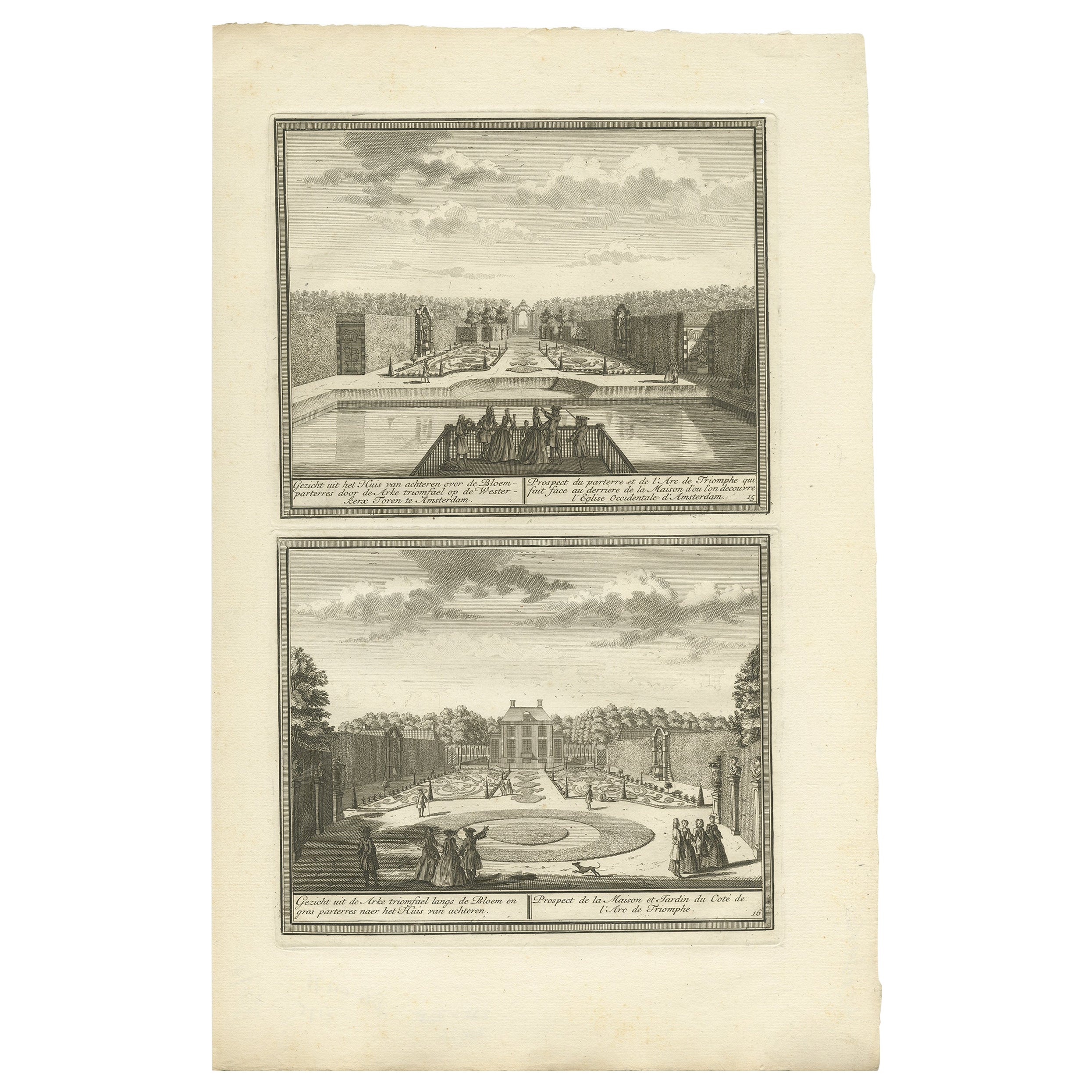 Impression ancienne des jardins d'une propriété à Heemskerk, Hollande, vers 1730