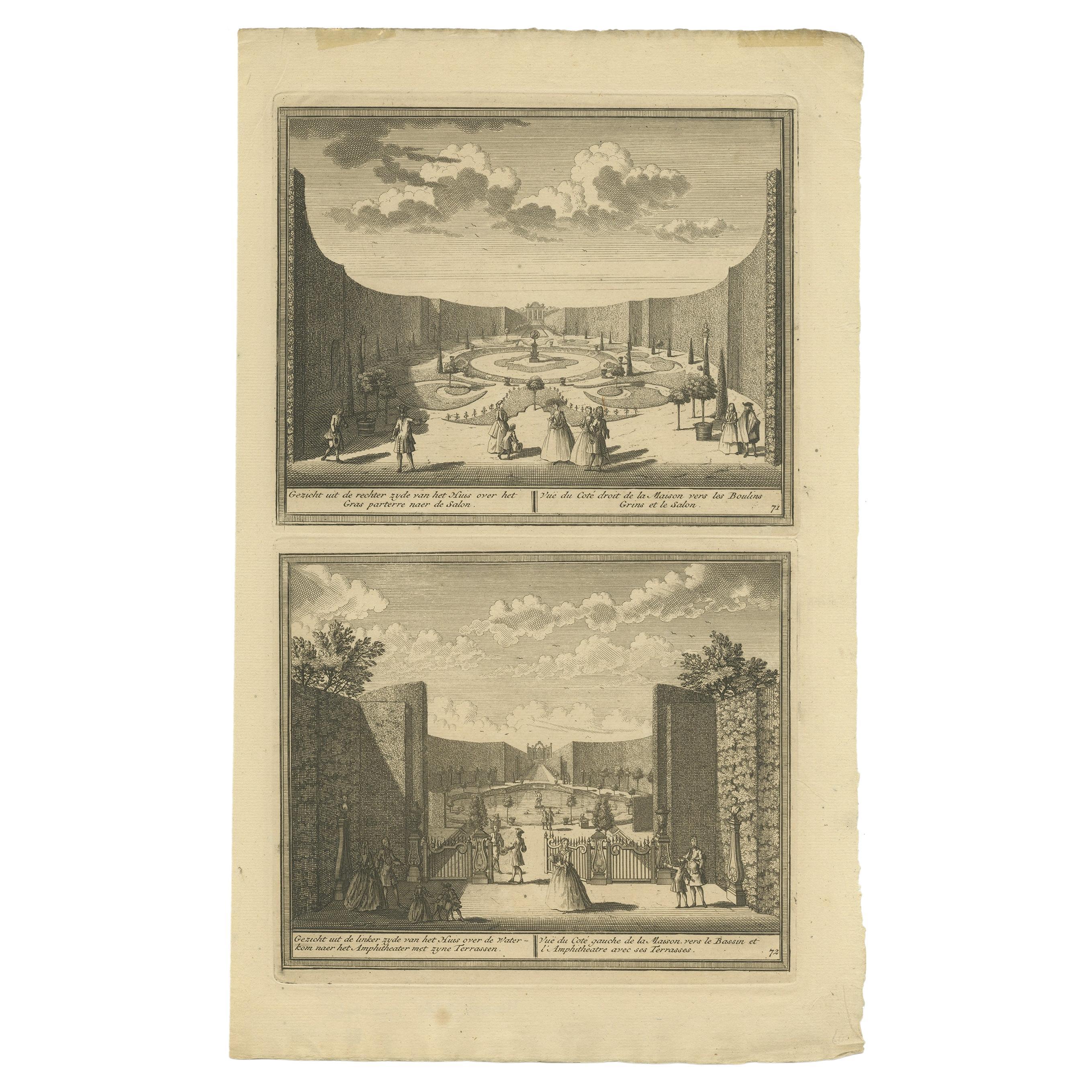 Antique Print of the Gardens of an Estate in Velsen, The Netherlands, circa 1730 For Sale
