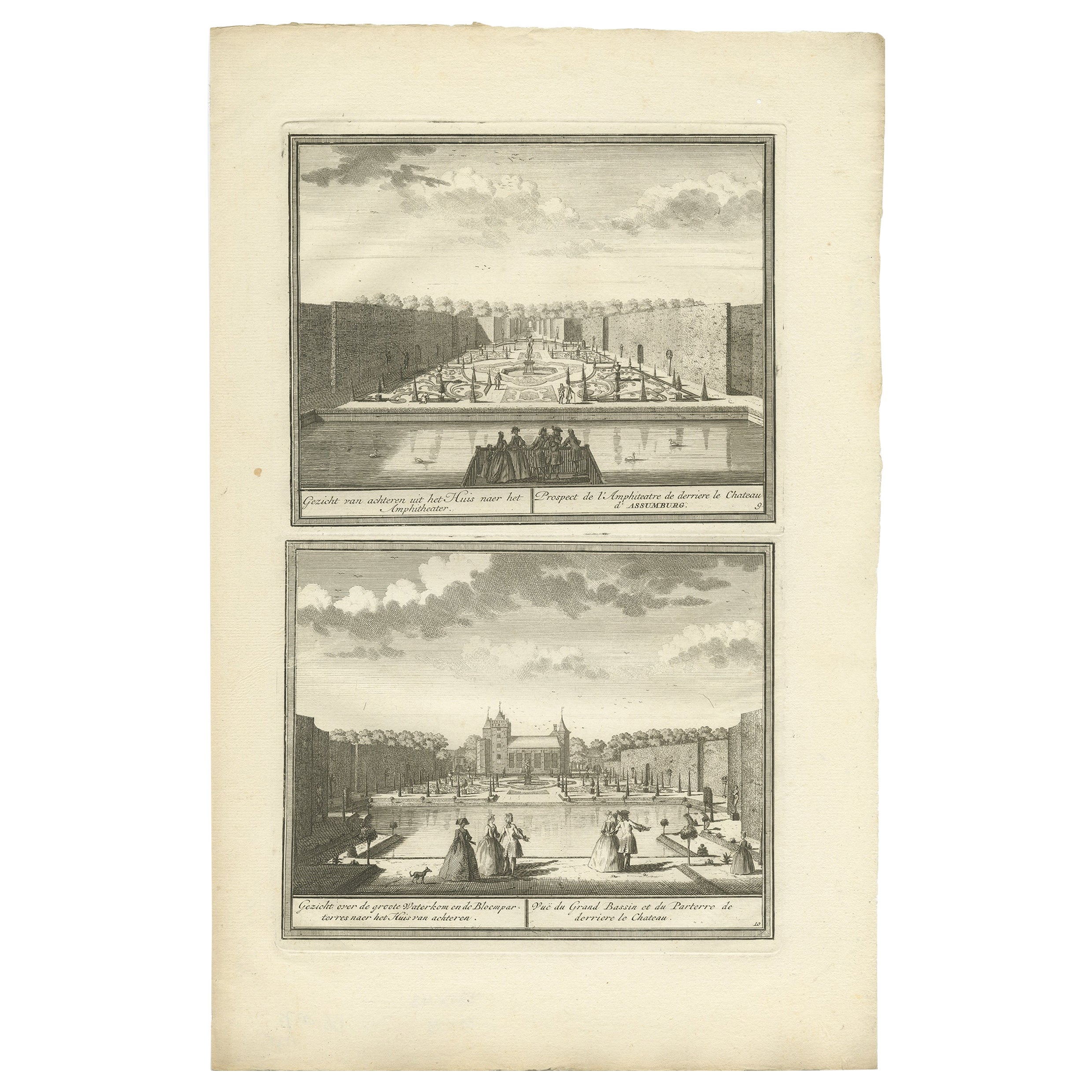 Antiker Druck der Gärten des Schlosses von Assumburg von De Leth, um 1730