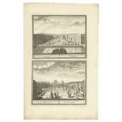 Antiker Druck der Gärten des Schlosses von Assumburg von De Leth, um 1730