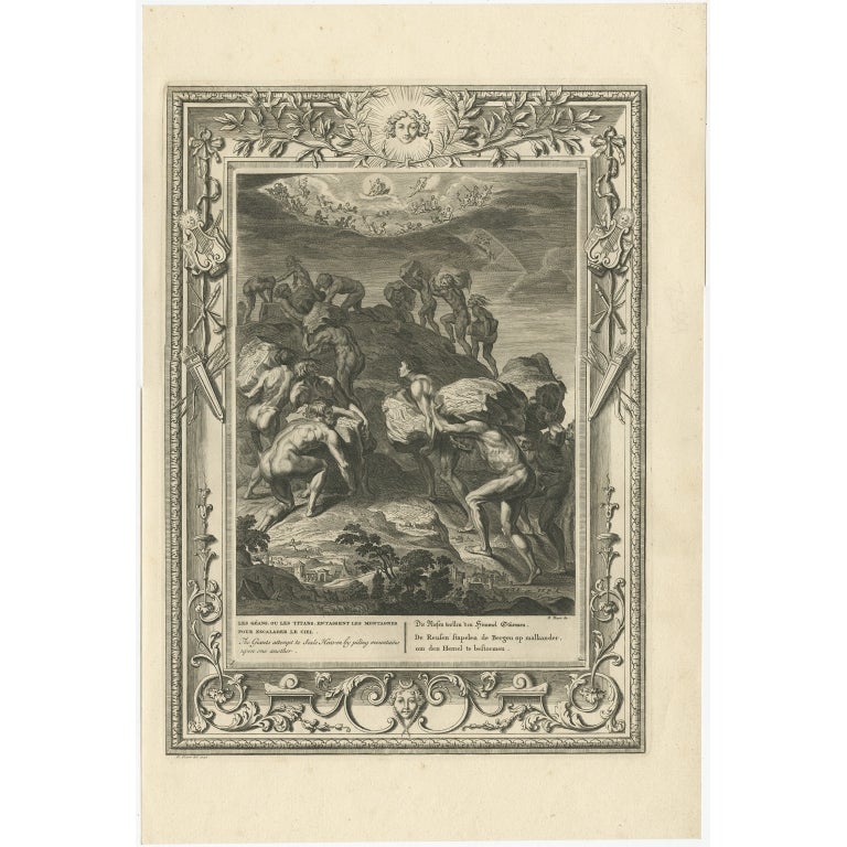Antique print titled 'Les Géans ou les Titans (..)'. This print depicts the Giants attempting to Scale Heaven by piling mountains upon one another. Giants were the children of Gaia or Gaea, who was fertilized by the blood of Uranus, after Uranus was