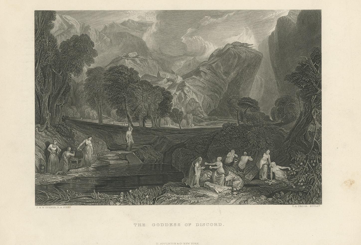 Antique print titled 'The Goddess of Discord'. Set within the Garden of the Hesperides, several women are seen tending the golden apple trees. To the right, the Goddess of Discord, Eris, is shown picking an apple. The same apple was later awarded to