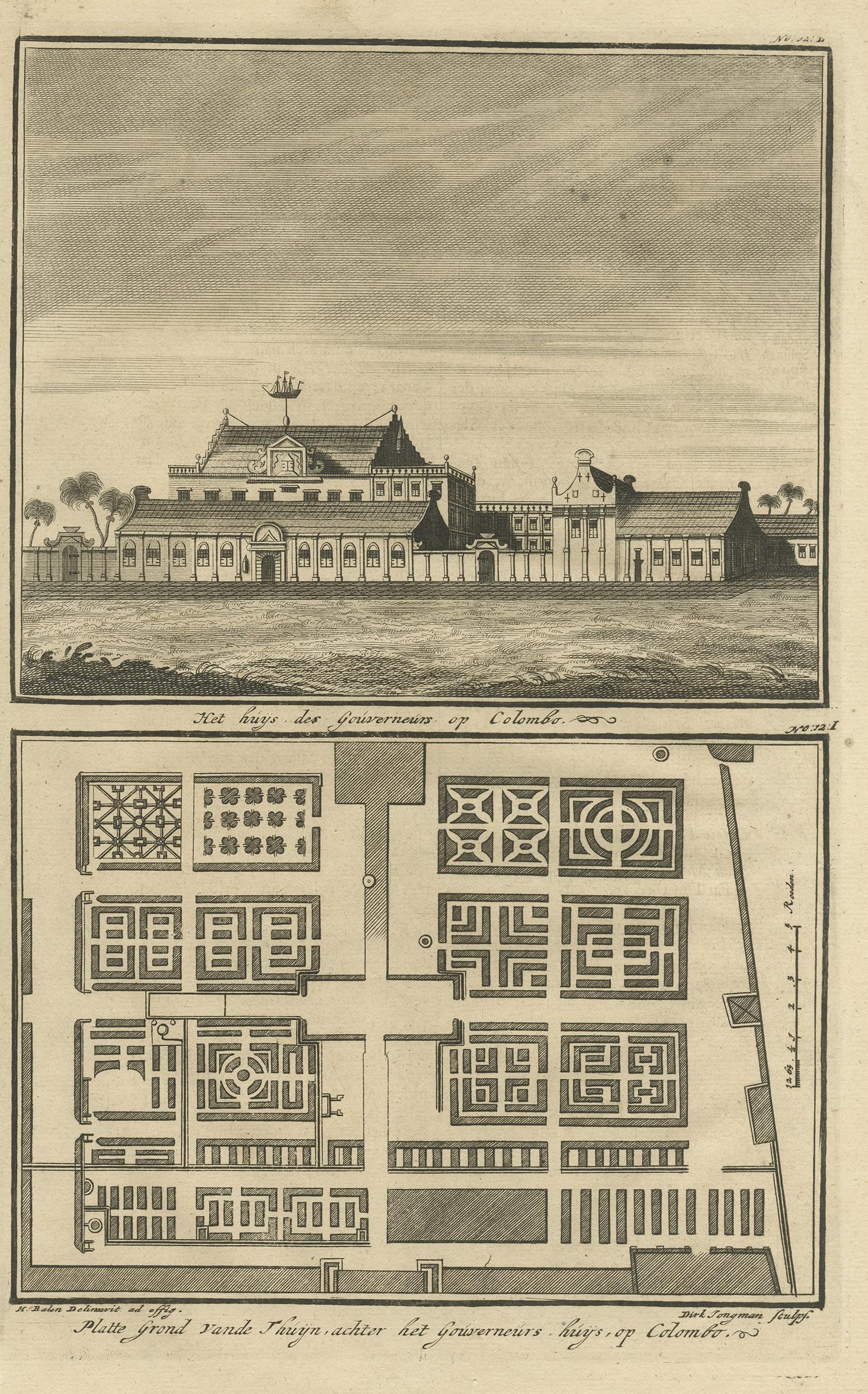 Antique print titled 'Het huijs des Gouverneurs op Colombo / Platte Grond vande Thuijn, achter het Gouverneurs huijs, op Colombo'. View of the house of the governor of Colombo and a plan of his garden, Sri Lanka. This print originates from 'Oud en