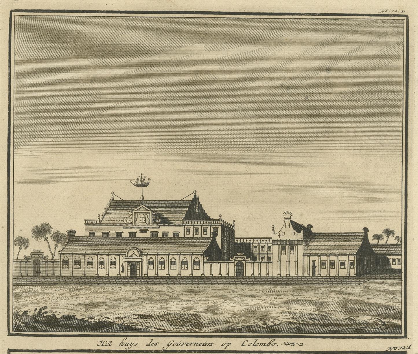 Antiker Druck des Gouverneurshauses in Colombo von Valentijn, 1726 (Niederländisch) im Angebot