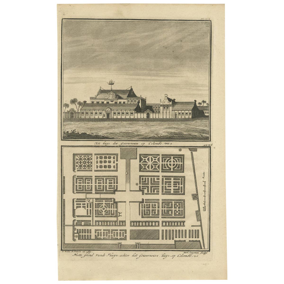 Antique Print of the Governor's House in Colombo by Valentijn, 1726