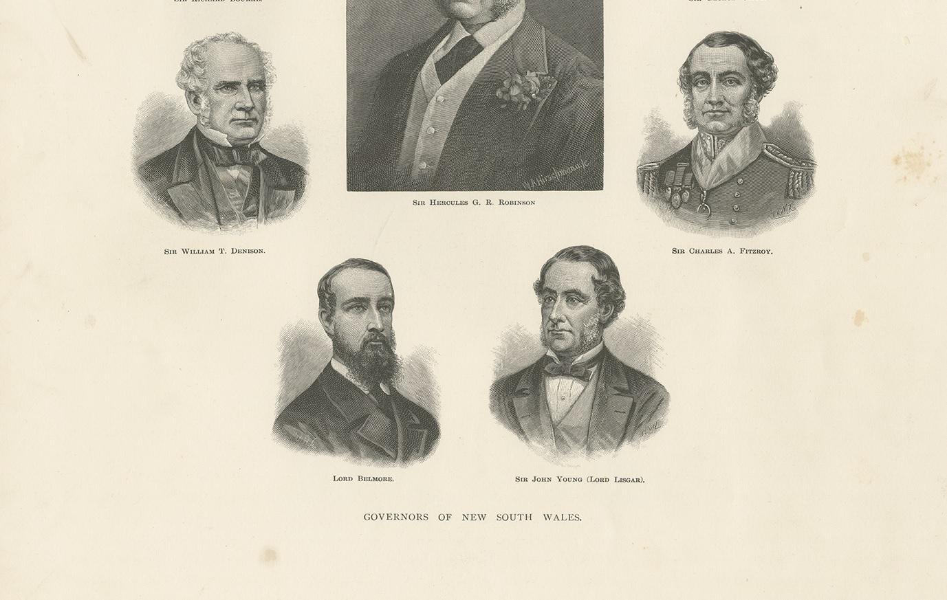 19th Century Antique Print of the Governors of New South Wales, 1888