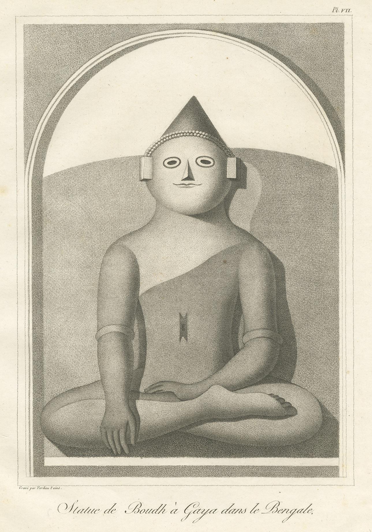 Antique print titled 'Statue de Boudh à Gaya dans le Bengale'. Print of the Great Buddha Statue (Bodh Gaya). This print originates from 'Relation de l'Ambassade Anglaise, envoyée en 1795 dans le Royaume d'Ava, ou l'Empire des Birmans' by M. Symes.