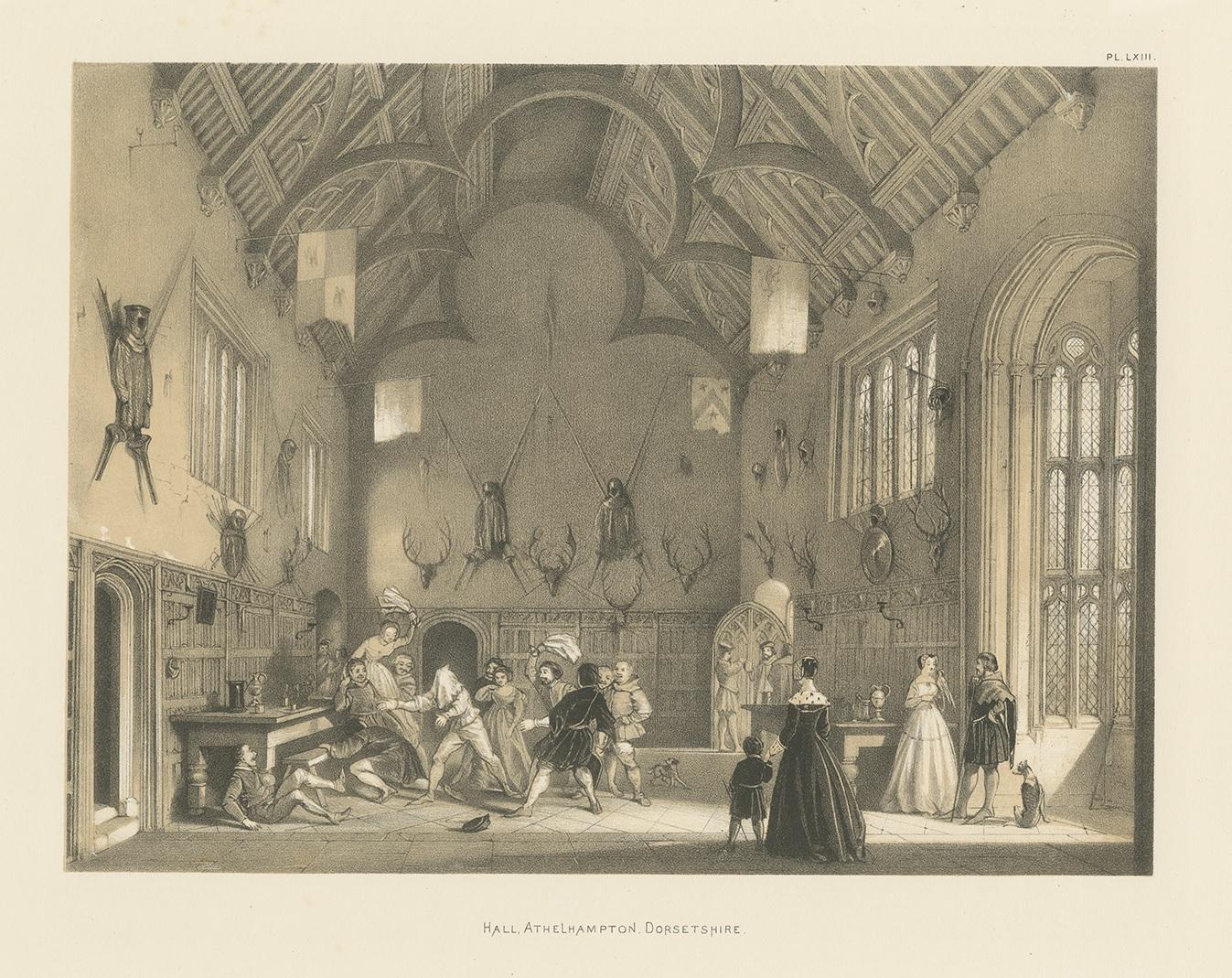 Antique print titled 'Hall. Athelhampton. Dorsetshire'. Lithograph of the Great Hall of Athelhampton House. Athelhampton House is a Tudor Manor in Dorset, England. This print originates from 'The Mansions of England in the Olden Time' by Joseph Nash.