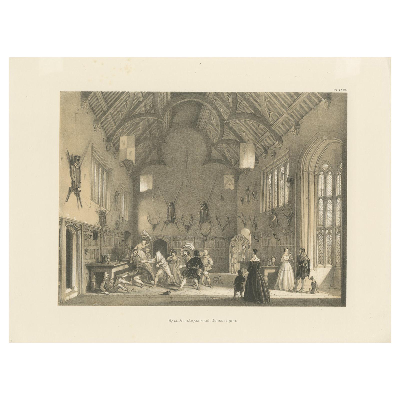 Antique Print of the Great Hall of Athelhampton House by Nash, circa 1870