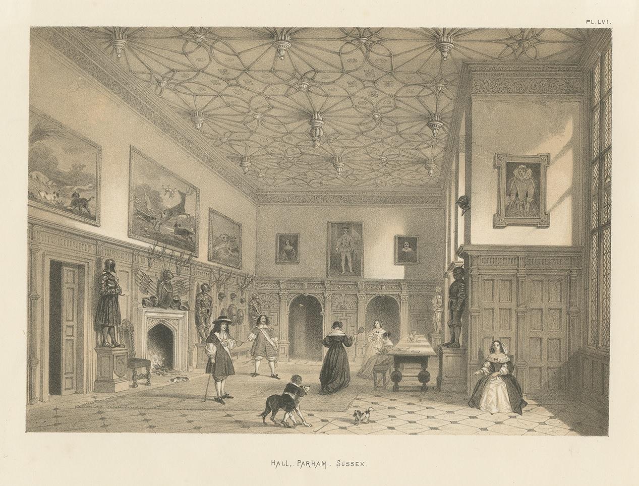 Antique print titled 'Hall. Parham. Sussex'. Lithograph of the great hall of Parham House. Parham House is an Elizabethan house and estate in Sussex, England. This print originates from 'The Mansions of England in the Olden Time' by Joseph Nash.