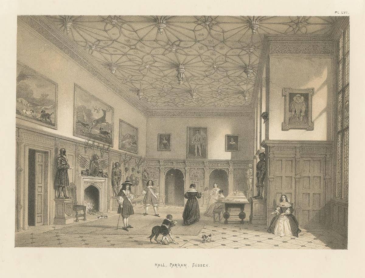 Antique Print of the Great Hall of Parham House by Nash, circa 1870