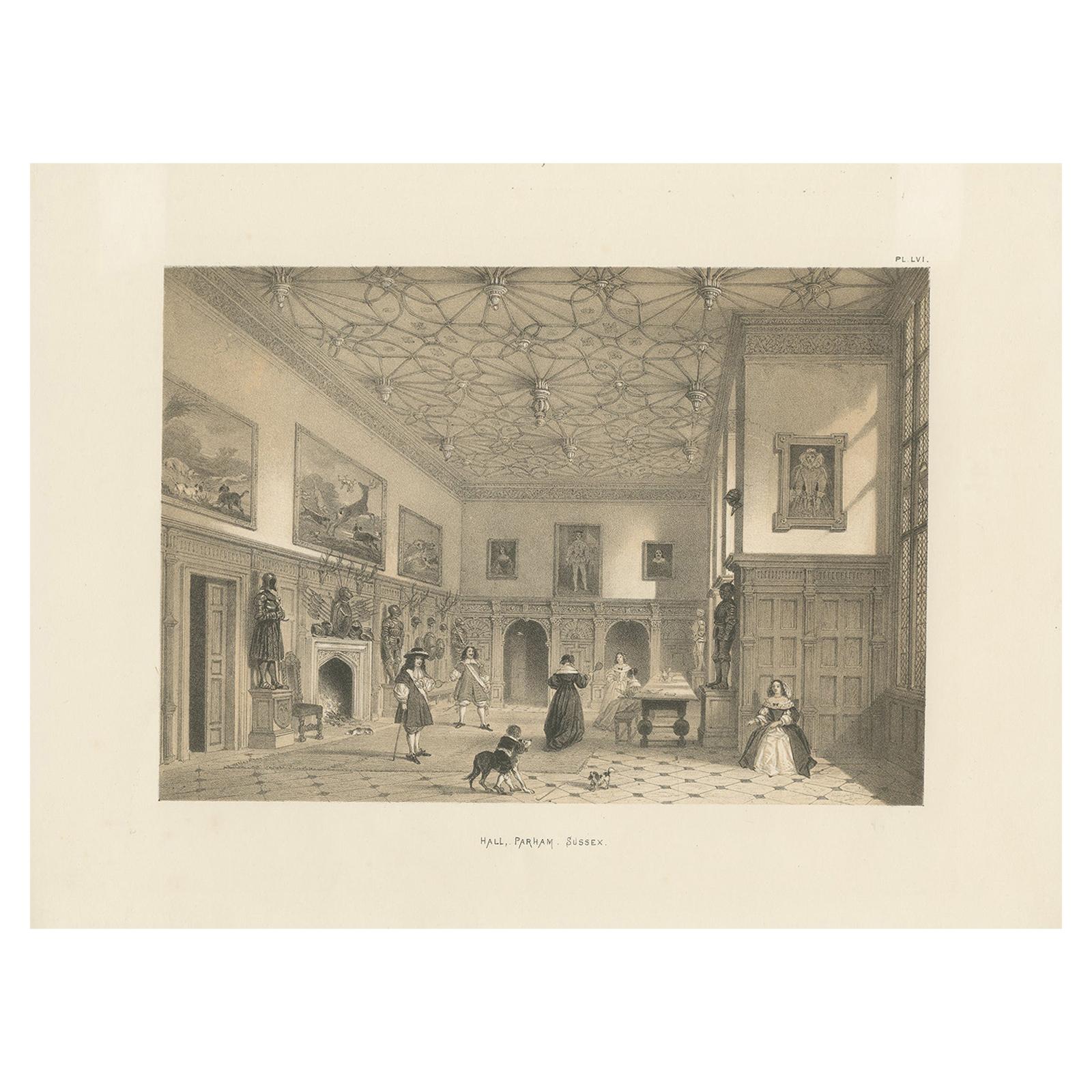Antique Print of the Great Hall of Parham House by Nash, circa 1870 For Sale
