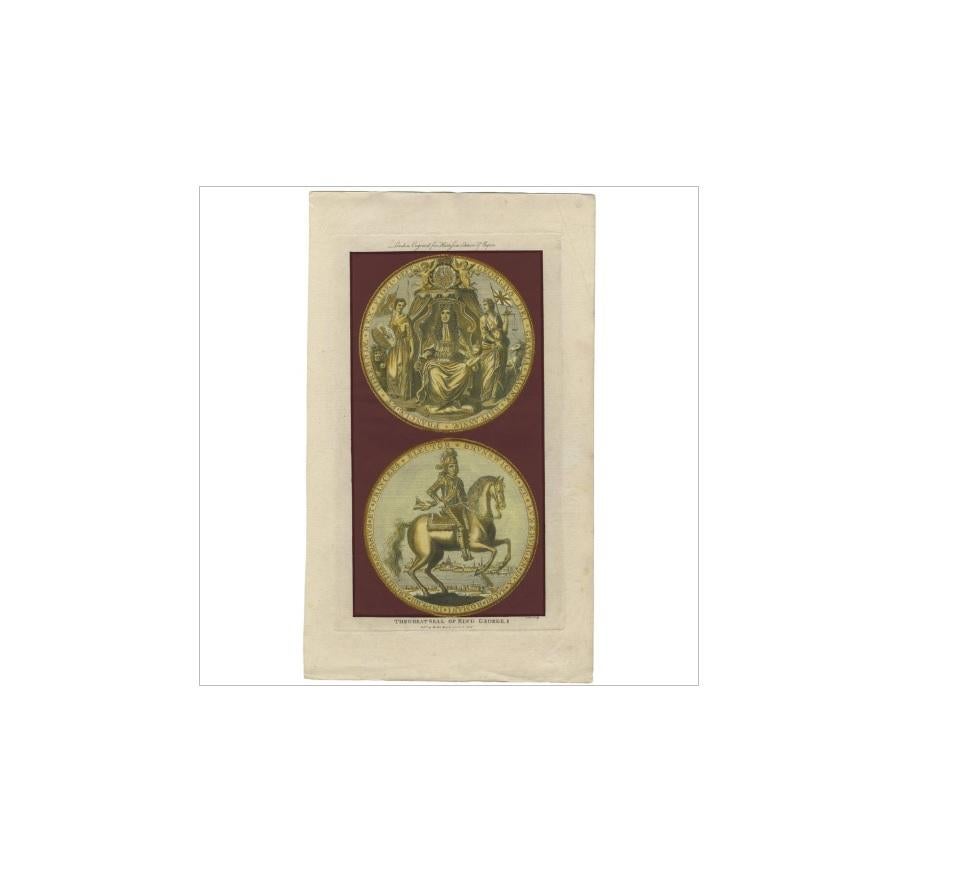 Antique print titled 'The Great Seal of King George I'. Engraving of the great seal of King George I. This print originates from 'The History of England' by Harrison.