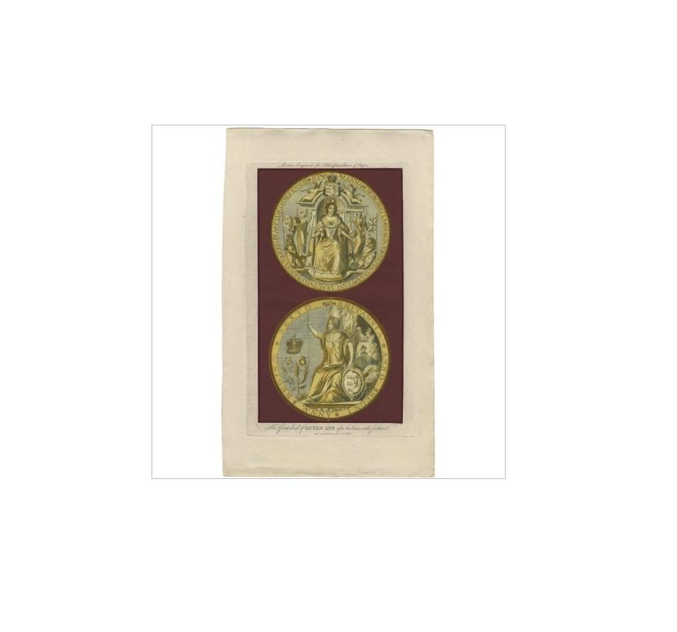 Antique print titled 'The Great Seal of Queen Ann after the Union with Scotland'. This print originates from 'The History of England' by Harrison. 