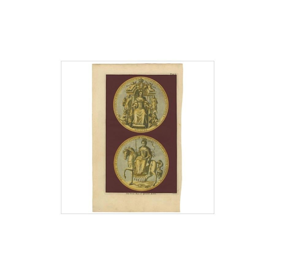 Antique print titled 'The Great Seal of Queen Ann'. Engraving of the great seal of Queen Anne. This print originates from 'The History Of England, With The Continuation From The Revolution To The Accession Of King George II, Summary And Lists' by
