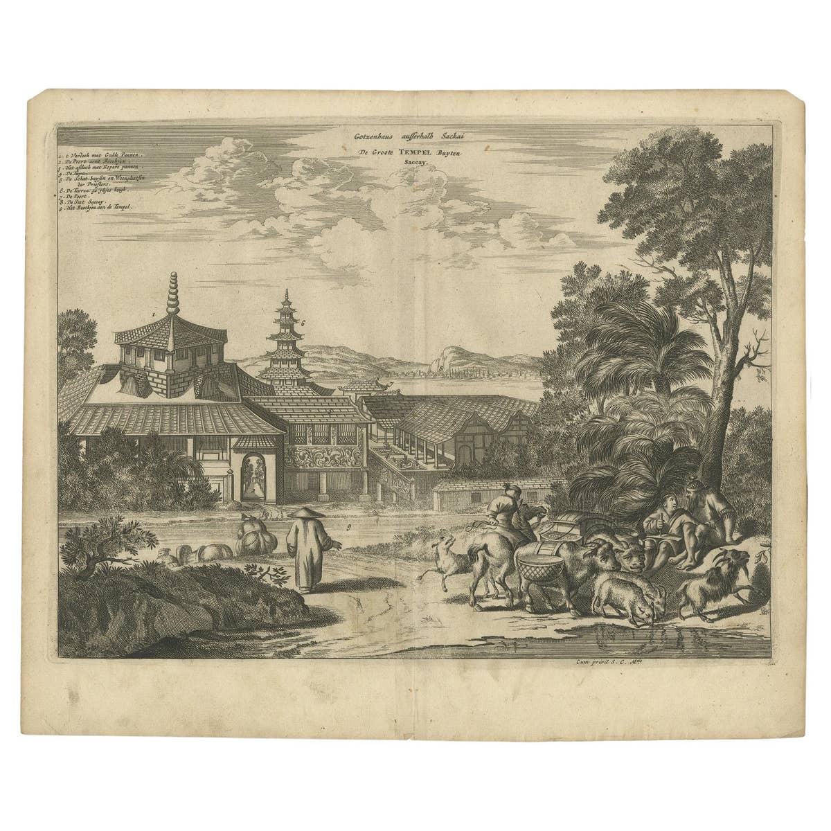 Antique Print of the Great Temple in Osaka, Japan