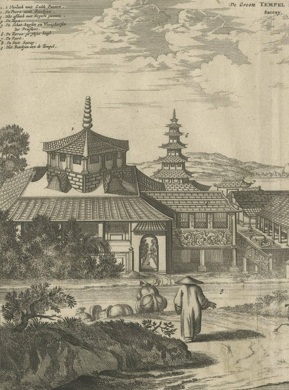 Antique Print of the Great Temple in Osaka, Japan