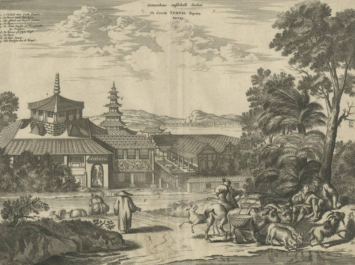 Antique Print of the Great Temple in Osaka, Japan